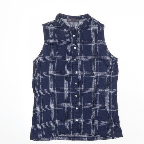 Marks and Spencer Womens Blue Plaid Viscose Basic Button-Up Size 10 Collared