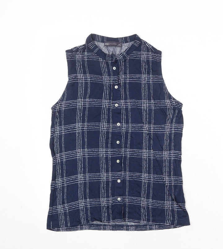 Marks and Spencer Womens Blue Plaid Viscose Basic Button-Up Size 10 Collared