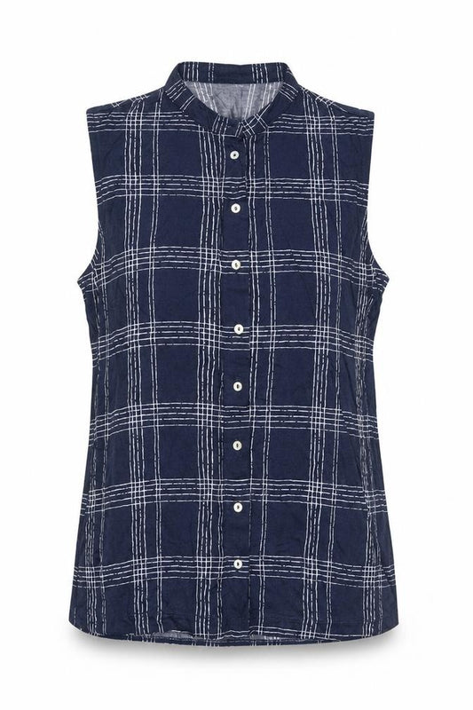 Front view of Marks & Spencer women’s blue plaid viscose basic button-up, size UK 10, collared