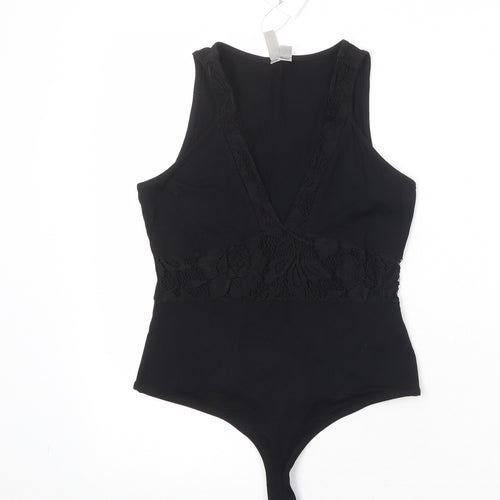 ASOS Womens Black Viscose Bodysuit One-Piece Size 8 Snap - Lace Detail