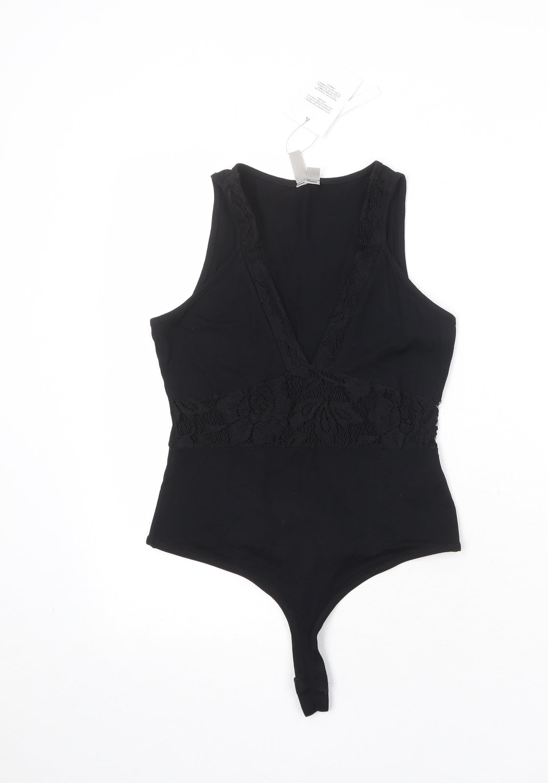 ASOS Womens Black Viscose Bodysuit One-Piece Size 8 Snap - Lace Detail