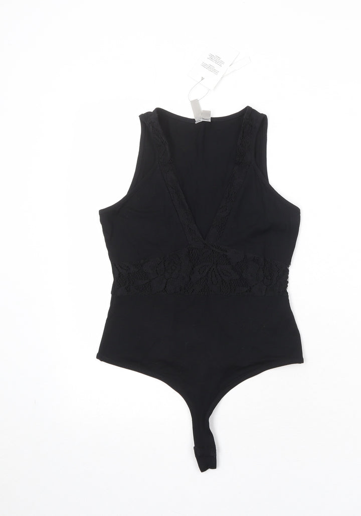 ASOS Womens Black Viscose Bodysuit One-Piece Size 8 Snap - Lace Detail