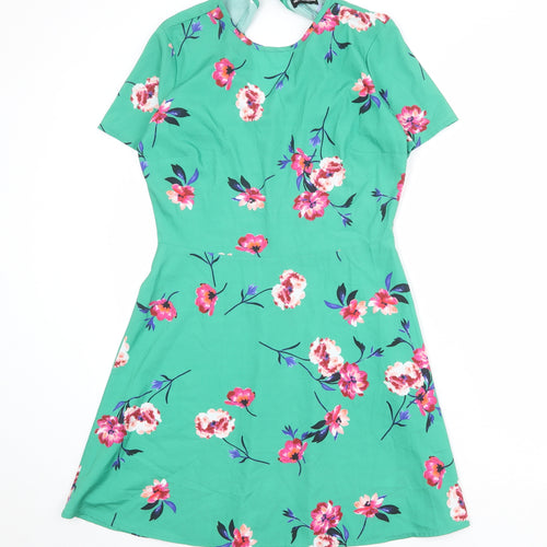 PRETTYLITTLETHING Womens Green Floral Polyester A-Line Size 10 Round Neck Zip