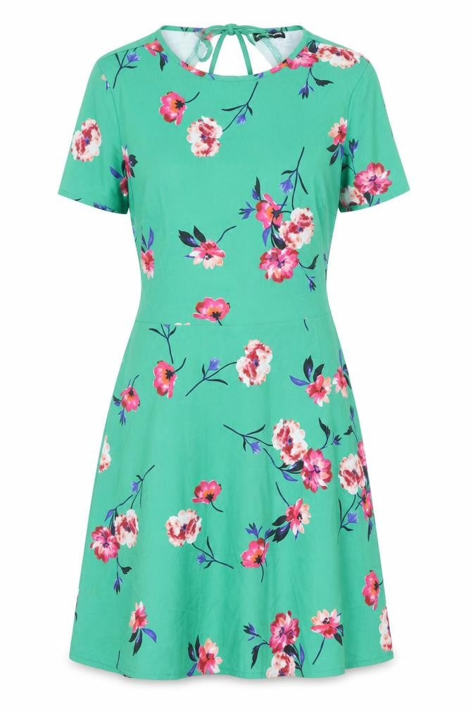 Front view of PRETTYLITTLETHING women’s green floral polyester a-line, size UK 10, round neck zip