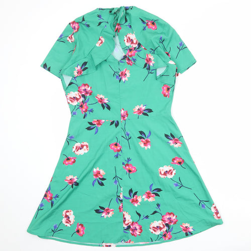 PRETTYLITTLETHING Womens Green Floral Polyester A-Line Size 10 Round Neck Zip