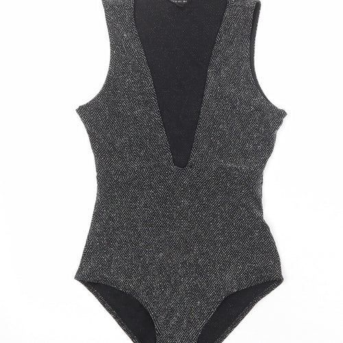 Topshop Womens Black Geometric Nylon Bodysuit One-Piece Size 6 Snap - Plunge Neckline