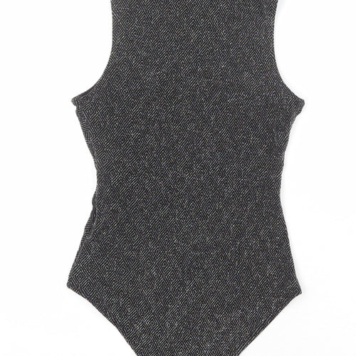 Topshop Womens Black Geometric Nylon Bodysuit One-Piece Size 6 Snap - Plunge Neckline