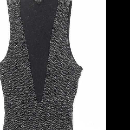 Topshop Womens Black Geometric Nylon Bodysuit One-Piece Size 6 Snap - Plunge Neckline