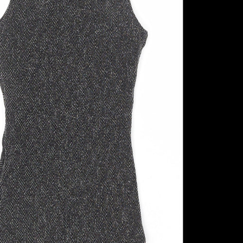 Topshop Womens Black Geometric Nylon Bodysuit One-Piece Size 6 Snap - Plunge Neckline