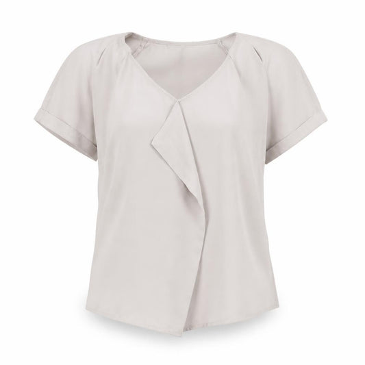 Front view of H&M women’s beige polyester basic blouse, size UK 8, round neck