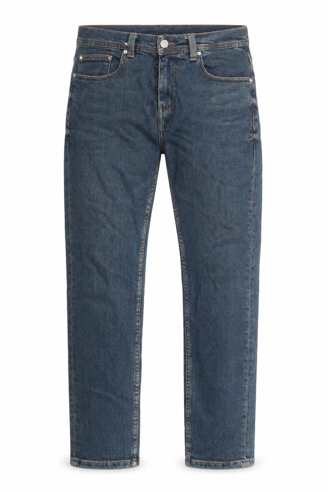 Front view of Zara men’s blue cotton straight jeans, size 30, in regular zip