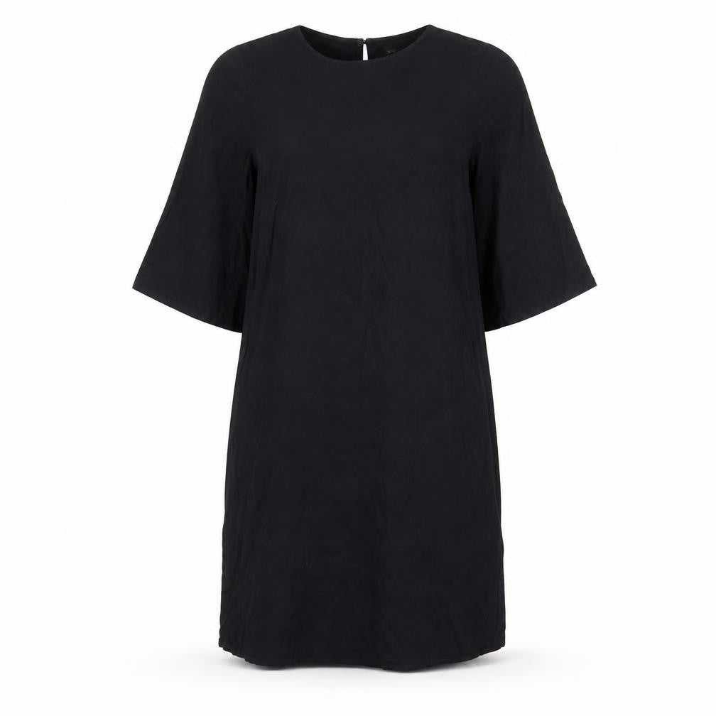 Front view of H&M women’s black viscose shift, size UK 10, boat neck button