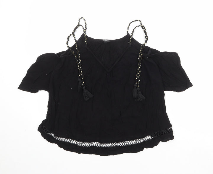 River Island Womens Black Viscose Basic Blouse Size 10 V-Neck - Cold Shoulder