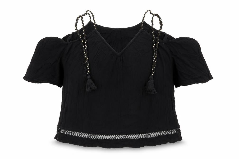 Front view of River Island women’s black viscose basic blouse, size UK 10, v-neck - cold shoulder