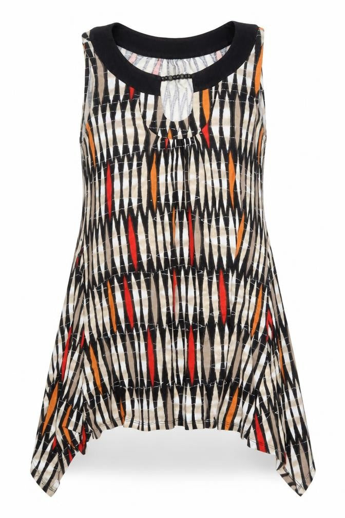 Front view of En Garde women’s multicoloured geometric viscose a-line, size UK 12, round neck pullover