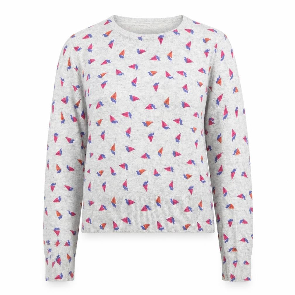 Front view of Therapy women’s grey round neck geometric viscose jumper, size UK 14
