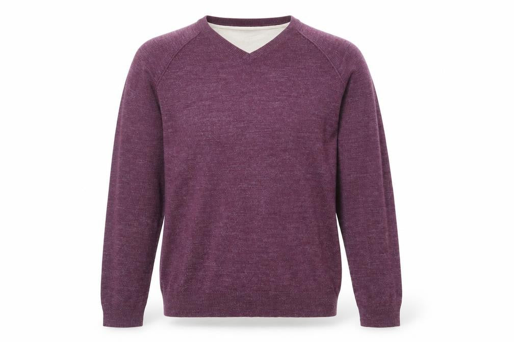 Front view of UrbanSpirit men’s red round neck acrylic jumper, size M, long sleeve