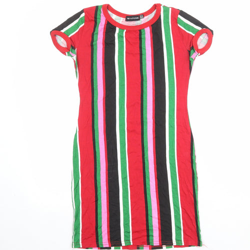 PRETTYLITTLETHING Womens Multicoloured Striped Viscose T-Shirt Dress Size 10 Round Neck Pullover