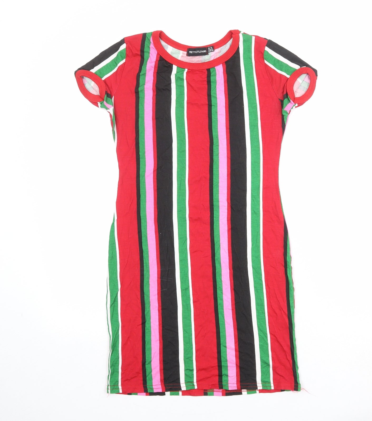 PRETTYLITTLETHING Womens Multicoloured Striped Viscose T-Shirt Dress Size 10 Round Neck Pullover