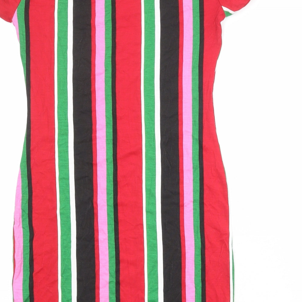 PRETTYLITTLETHING Womens Multicoloured Striped Viscose T-Shirt Dress Size 10 Round Neck Pullover