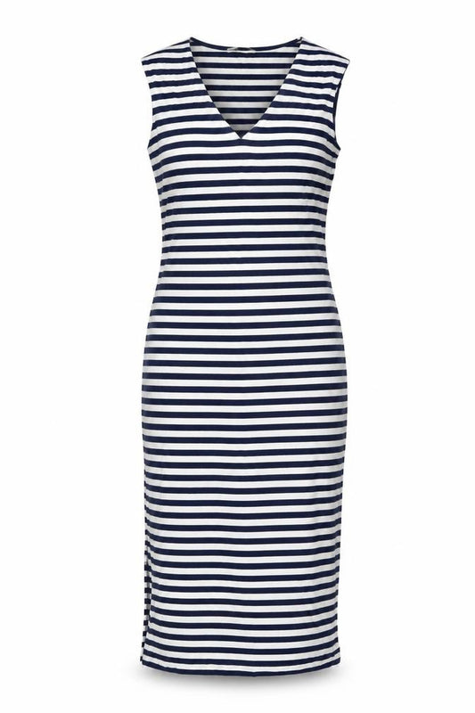 Front view of Oasis women’s blue striped viscose a-line, size S, v-neck pullover