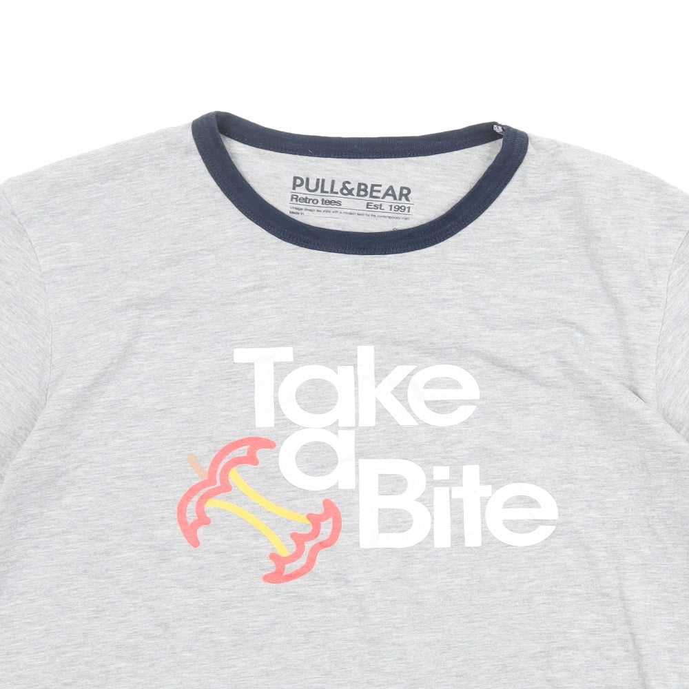 Pull&Bear Mens Grey Cotton T-Shirt Size M Round Neck - Take a Bite