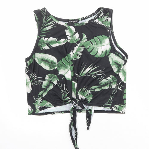 Select Womens Black Geometric Polyester Cropped Tank Size M Round Neck - Leaf Print Knot Front