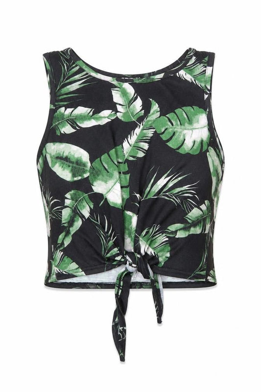 Front view of Select women’s black geometric polyester cropped tank, size M, round neck - leaf print knot front