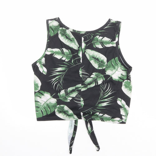 Select Womens Black Geometric Polyester Cropped Tank Size M Round Neck - Leaf Print Knot Front