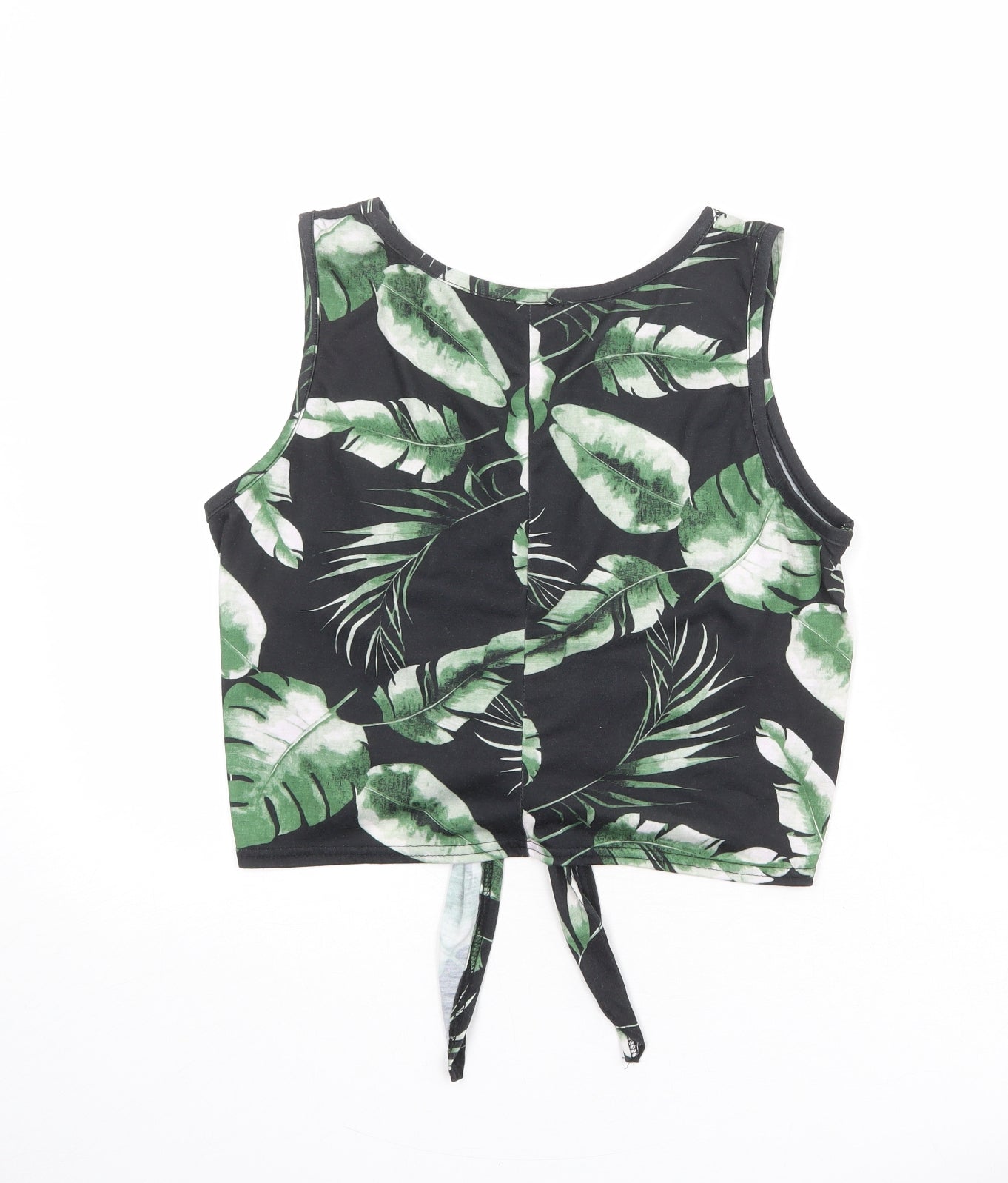 Select Womens Black Geometric Polyester Cropped Tank Size M Round Neck - Leaf Print Knot Front