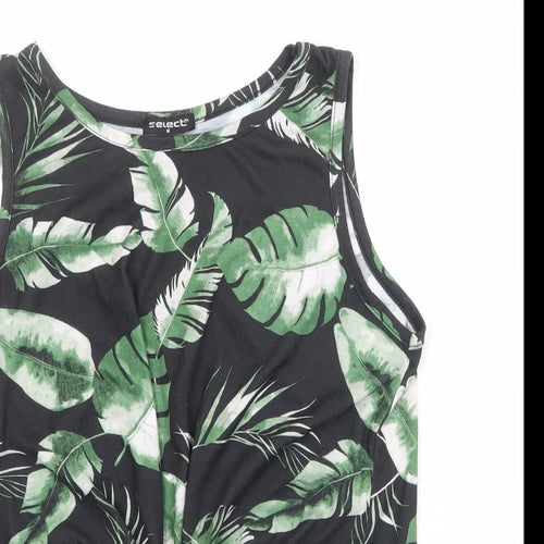 Select Womens Black Geometric Polyester Cropped Tank Size M Round Neck - Leaf Print Knot Front