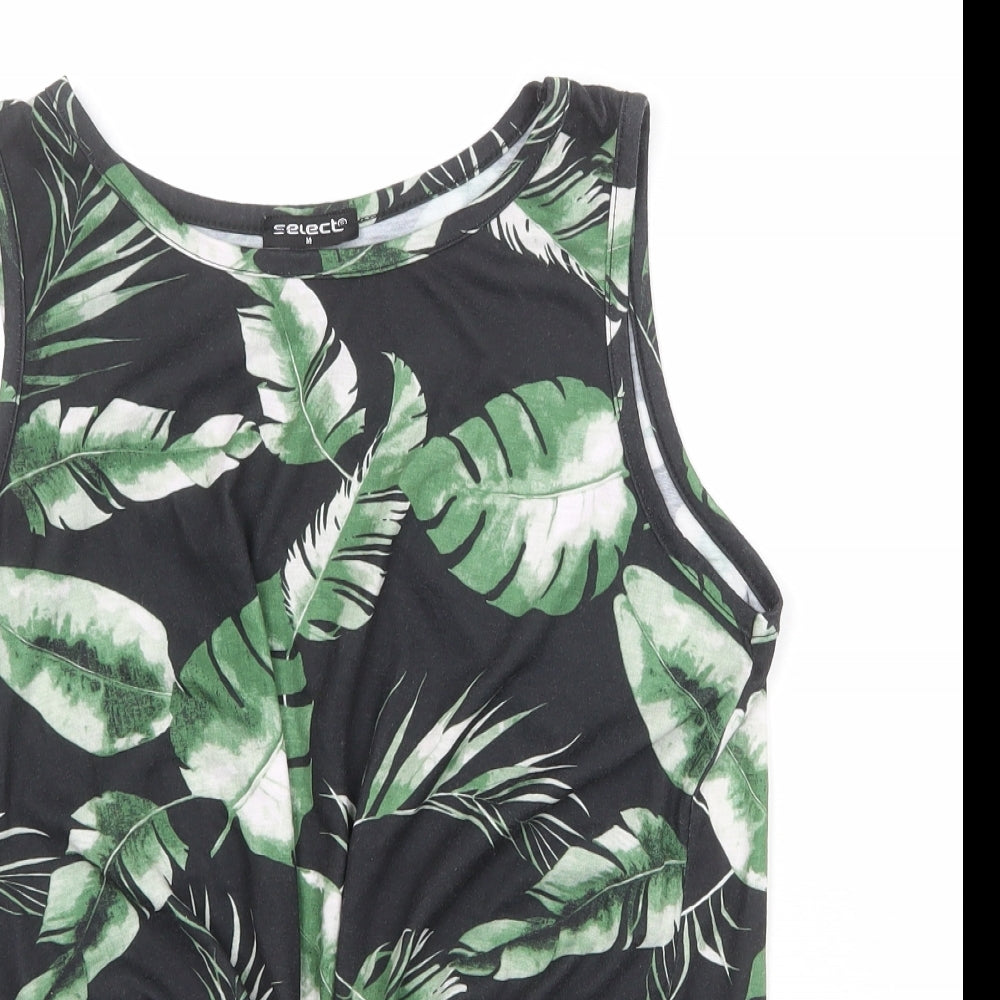 Select Womens Black Geometric Polyester Cropped Tank Size M Round Neck - Leaf Print Knot Front