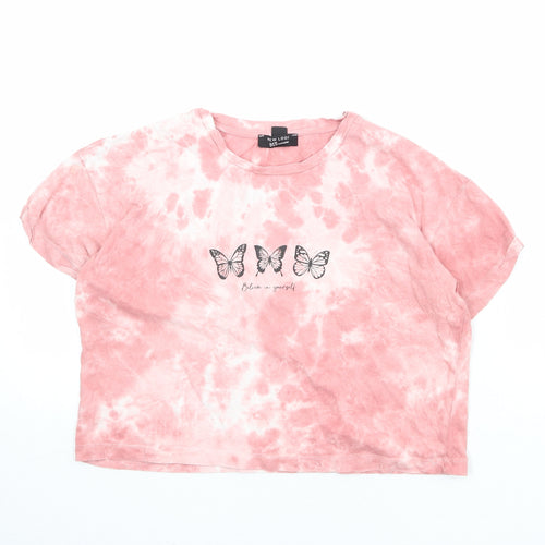 New Look Girls Pink Geometric 100% Cotton Cropped T-Shirt Size 14-15 Years Round Neck Pullover - Butterfly Print