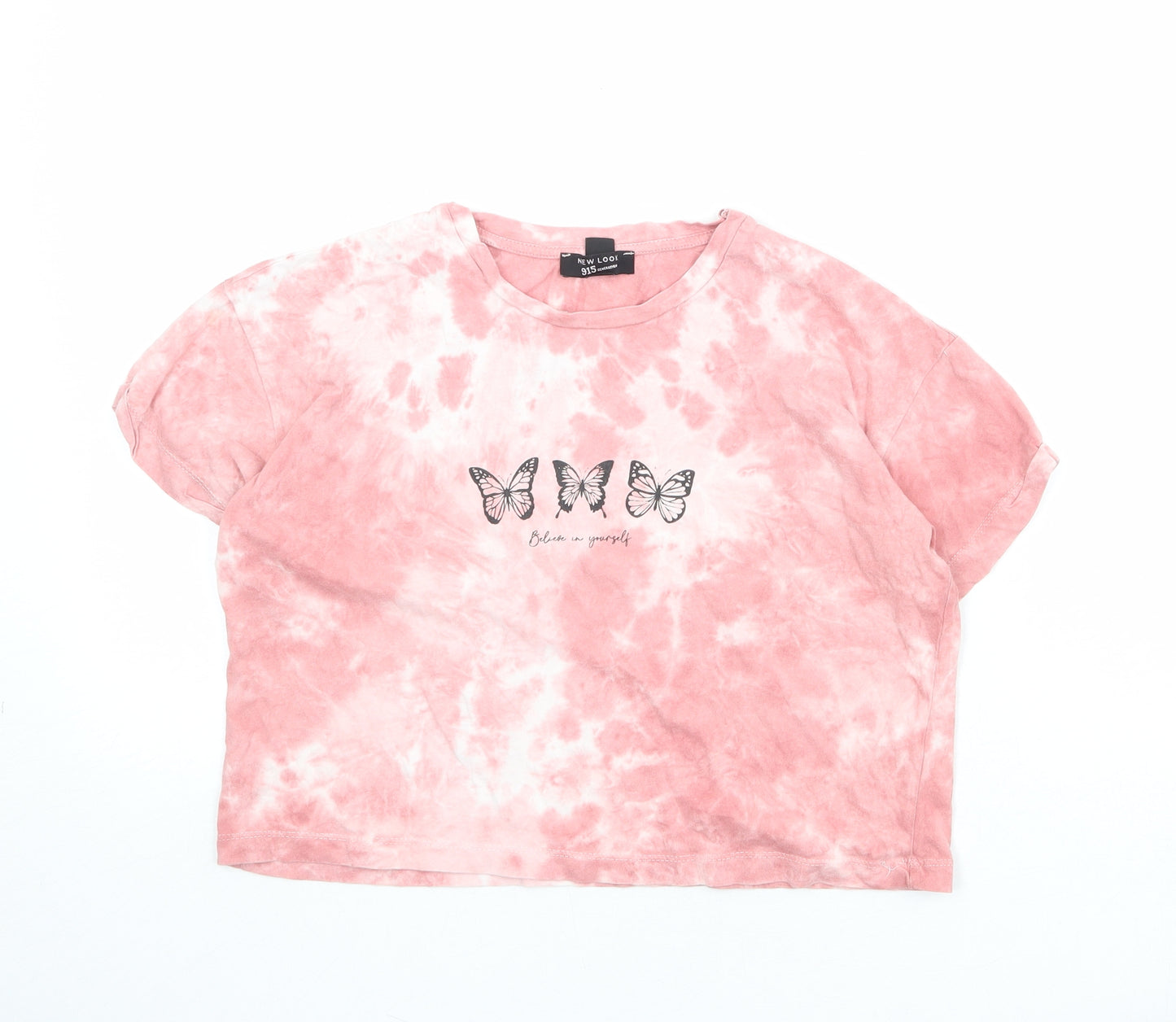 New Look Girls Pink Geometric 100% Cotton Cropped T-Shirt Size 14-15 Years Round Neck Pullover - Butterfly Print