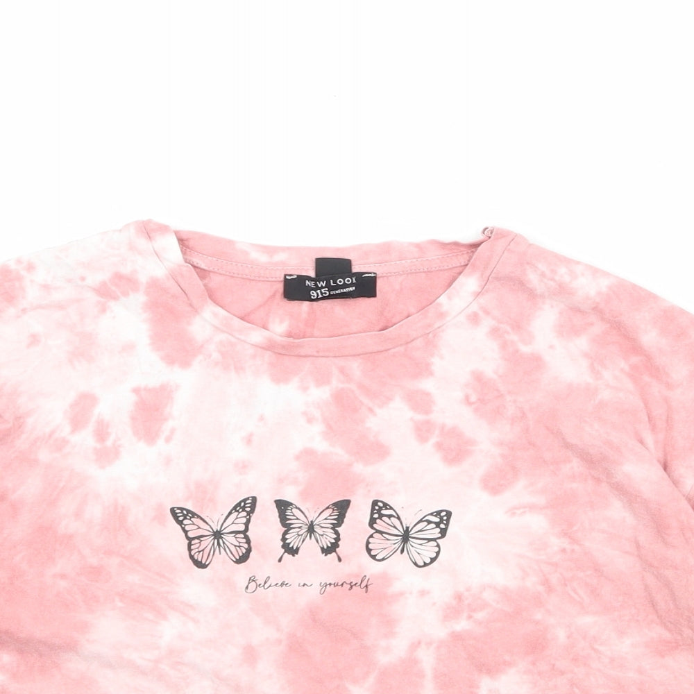 New Look Girls Pink Geometric 100% Cotton Cropped T-Shirt Size 14-15 Years Round Neck Pullover - Butterfly Print
