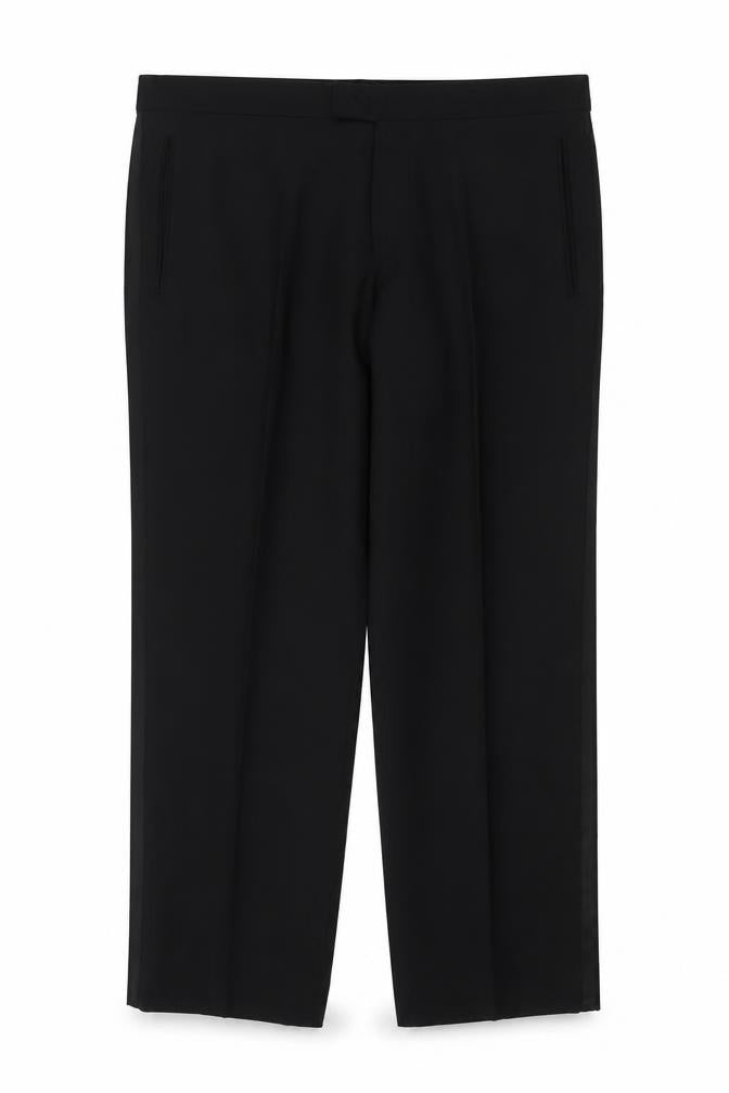 Front view of Skopes men’s black polyester trousers, size 38, in regular zip - short leg
