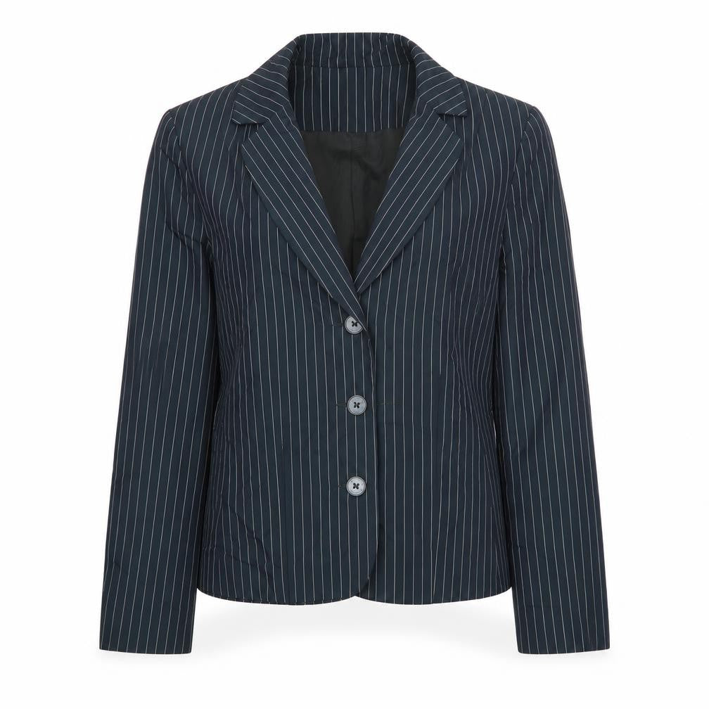 Front view of Angie women’s blue striped jacket blazer, size UK 14, buckle
