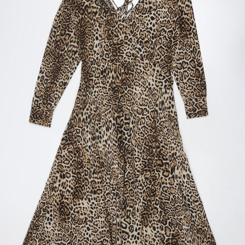 Inomi Womens Brown Animal Print Polyester A-Line Size S V-Neck Zip - Leopard Print