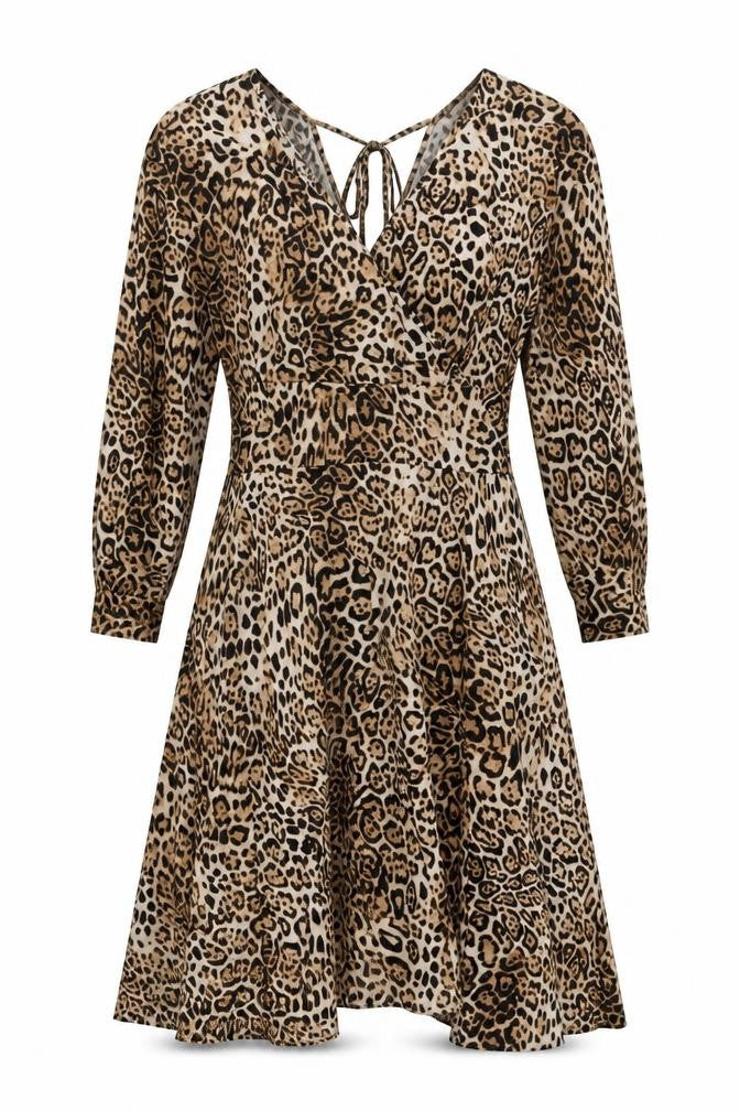 Inomi Womens Brown Animal Print Polyester A-Line Size S V-Neck Zip - Leopard Print