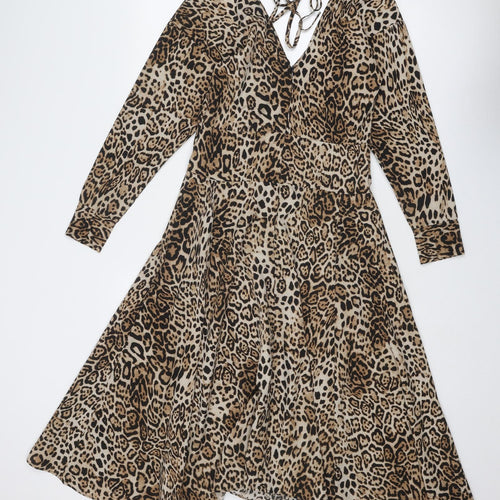 Inomi Womens Brown Animal Print Polyester A-Line Size S V-Neck Zip - Leopard Print