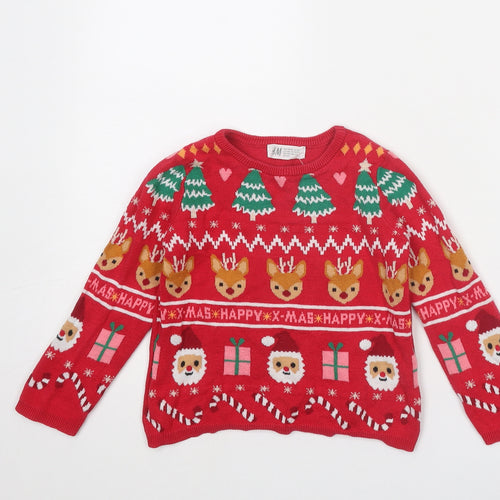 H&M Girls Red Round Neck Geometric Cotton Pullover Jumper Size 3-4 Years Pullover - Christmas Size 2-4 Years