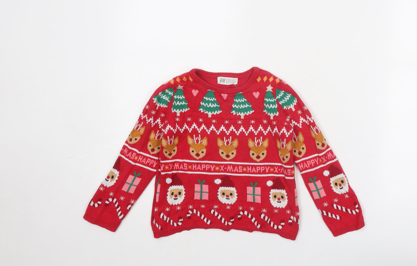 H&M Girls Red Round Neck Geometric Cotton Pullover Jumper Size 3-4 Years Pullover - Christmas Size 2-4 Years