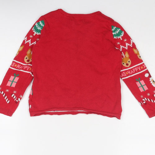 H&M Girls Red Round Neck Geometric Cotton Pullover Jumper Size 3-4 Years Pullover - Christmas Size 2-4 Years