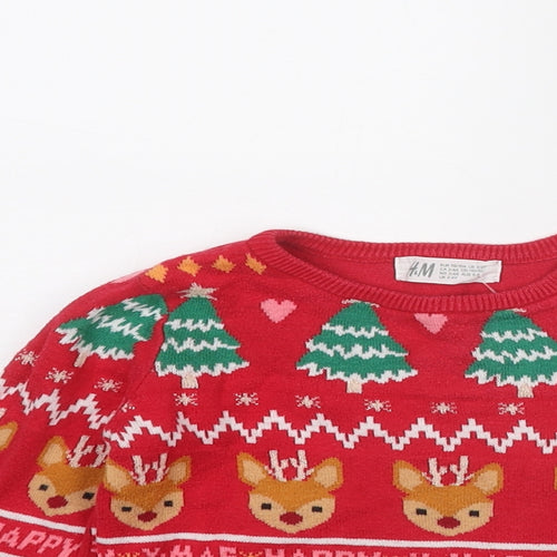 H&M Girls Red Round Neck Geometric Cotton Pullover Jumper Size 3-4 Years Pullover - Christmas Size 2-4 Years