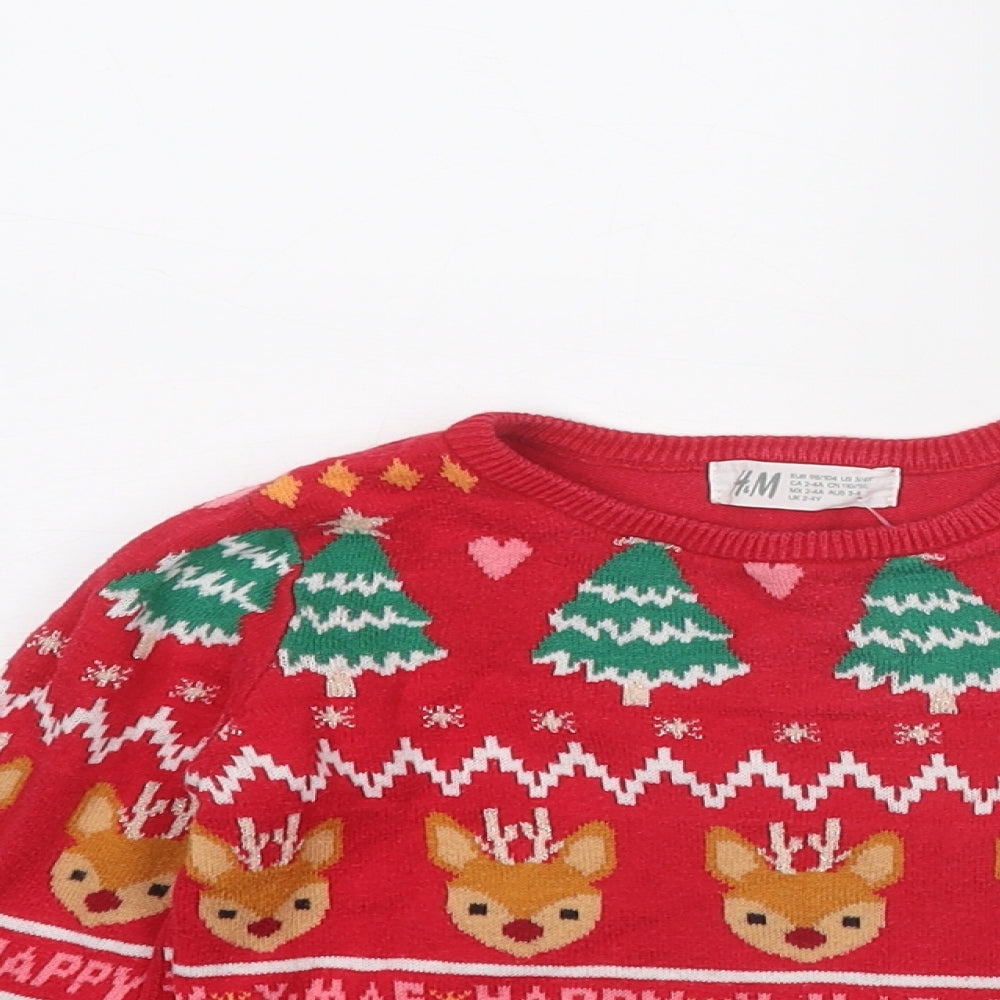 H&M Girls Red Round Neck Geometric Cotton Pullover Jumper Size 3-4 Years Pullover - Christmas Size 2-4 Years