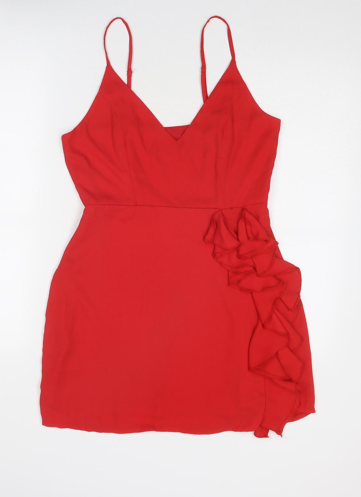 Missguided Womens Red Polyester Slip Dress Size 12 V-Neck Zip