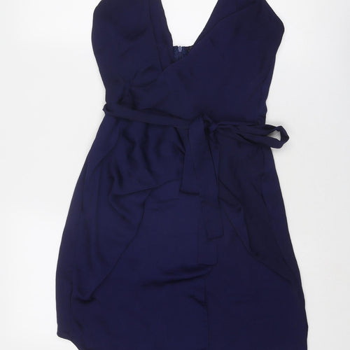 Missguided Womens Blue Polyester Slip Dress Size 12 V-Neck Zip