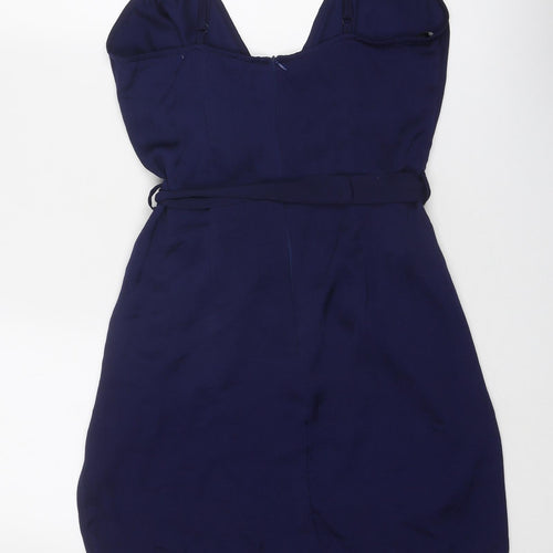Missguided Womens Blue Polyester Slip Dress Size 12 V-Neck Zip