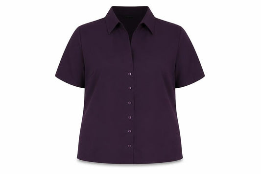 Front view of Simon Jersey women’s purple polyester basic button-up, size UK 20, collared