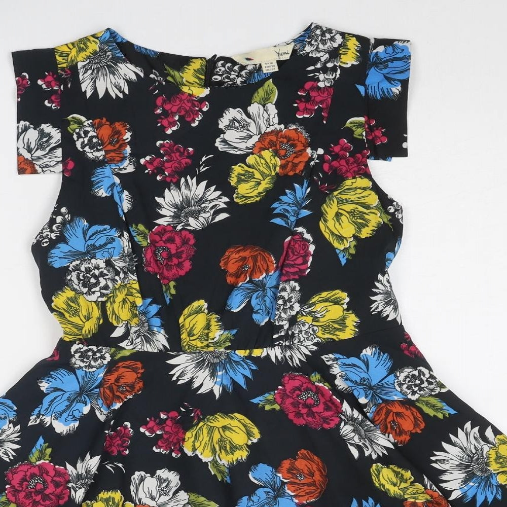 Yumi Womens Multicoloured Floral Polyester Fit & Flare Size 10 Round Neck Zip
